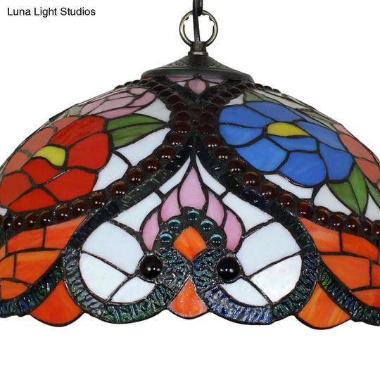 Victorian 3-Head Stained Glass Bowl Pendant Lamp - Black Ceiling Hanging Light With/Without Pull