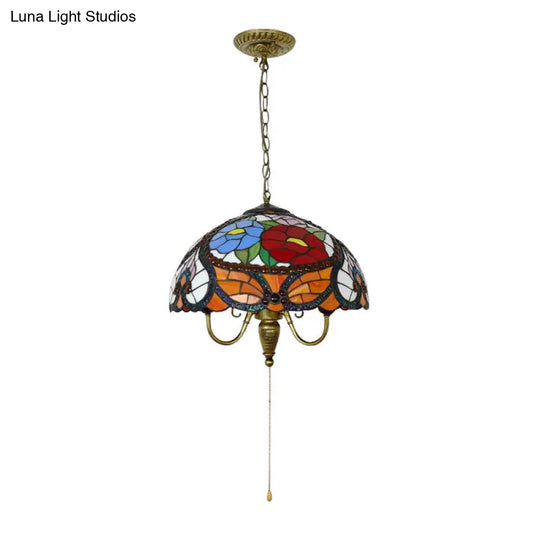 Victorian 3-Head Stained Glass Bowl Pendant Lamp - Black Ceiling Hanging Light With/Without Pull