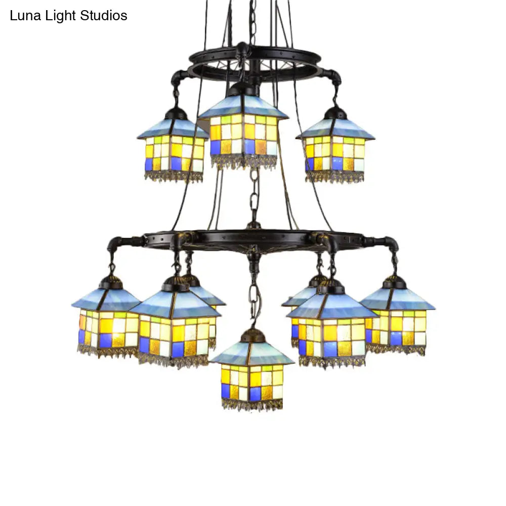 Black Stained Glass 2-Tier Chandelier For Lodge Style Living Rooms