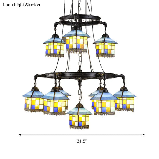 Lodge Style 2-Tier Stained Glass House Suspension Light Chandelier In Black For Living Room Décor