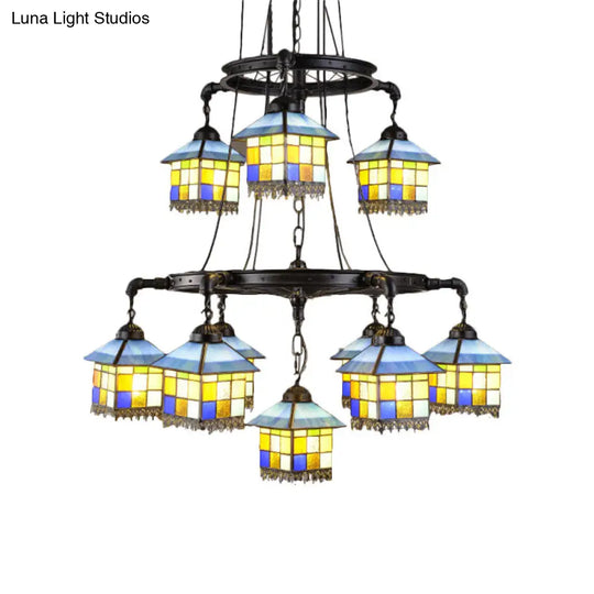 Lodge Style 2-Tier Stained Glass House Suspension Light Chandelier In Black For Living Room Décor