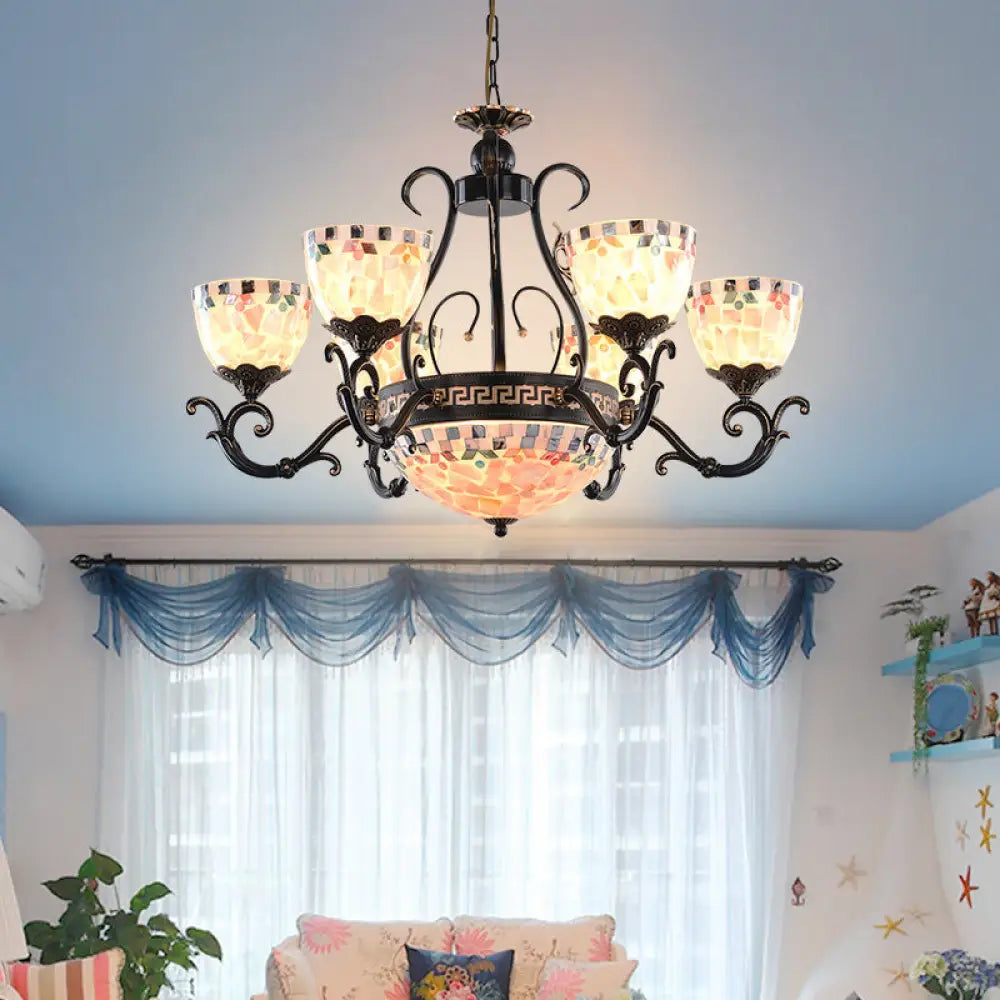 Black Stained Glass Mosaic Chandelier Lamp: Tiffany 3/5/9 Lights Suspension Fixture For Living Room