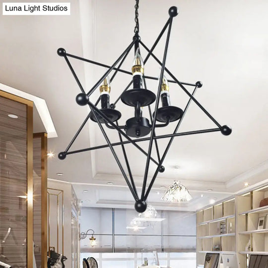 Black Star Cage Chandelier Pendant Light With Candle - Retro Style 4 Heads Dining Room Ceiling