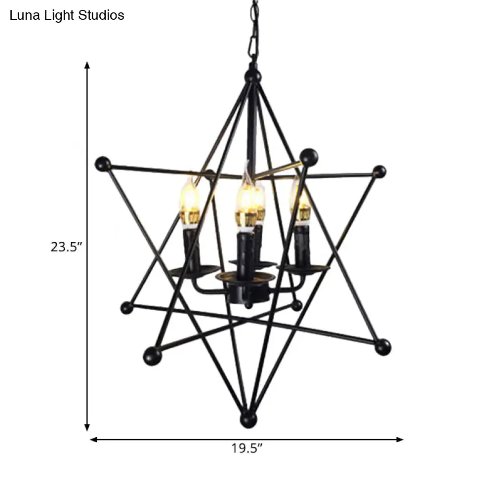 Black Star Cage Chandelier Pendant - Retro Style Iron With 4 Heads For Dining Room Ceiling