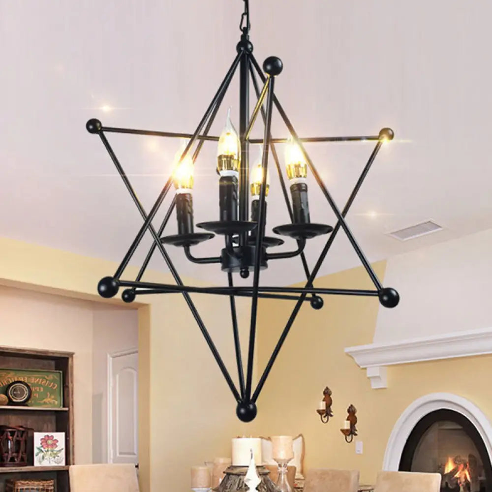 Black Star Cage Chandelier Pendant Light With Candle - Retro Style 4 Heads Dining Room Ceiling