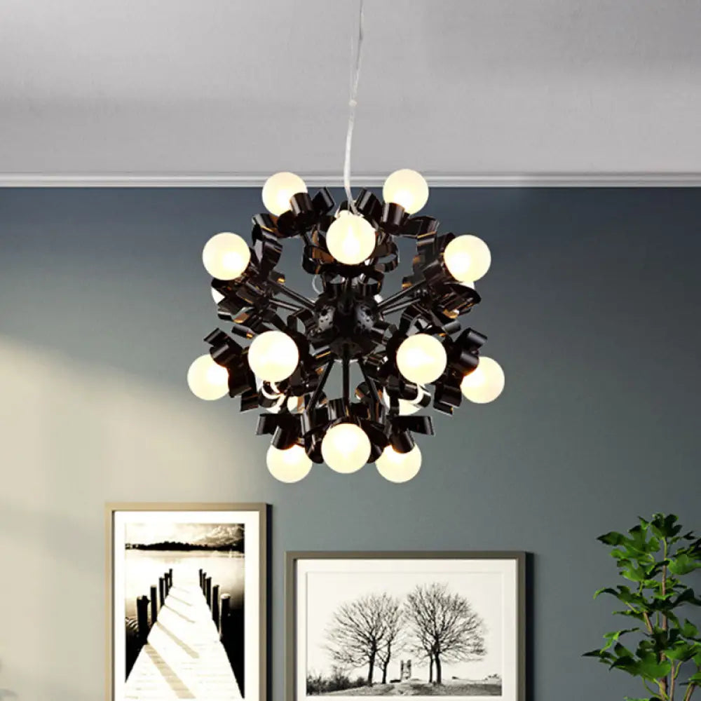 Black Starburst Chandelier Loft Style- 18 Head Metal Pendant With Frosted Glass Shade For Bedroom