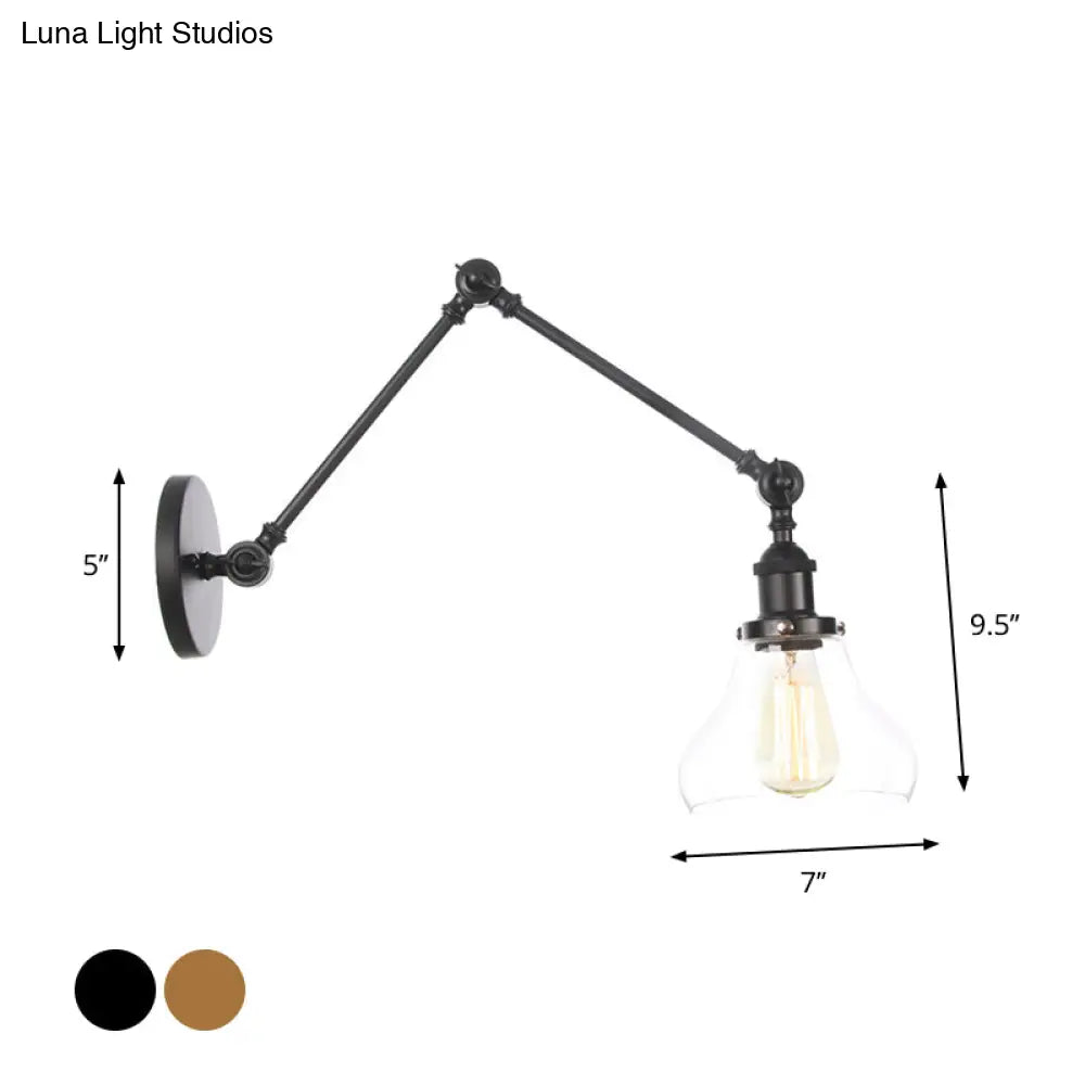 Black Swing Arm Dorm Room Wall Lamp With Clear Glass Shade