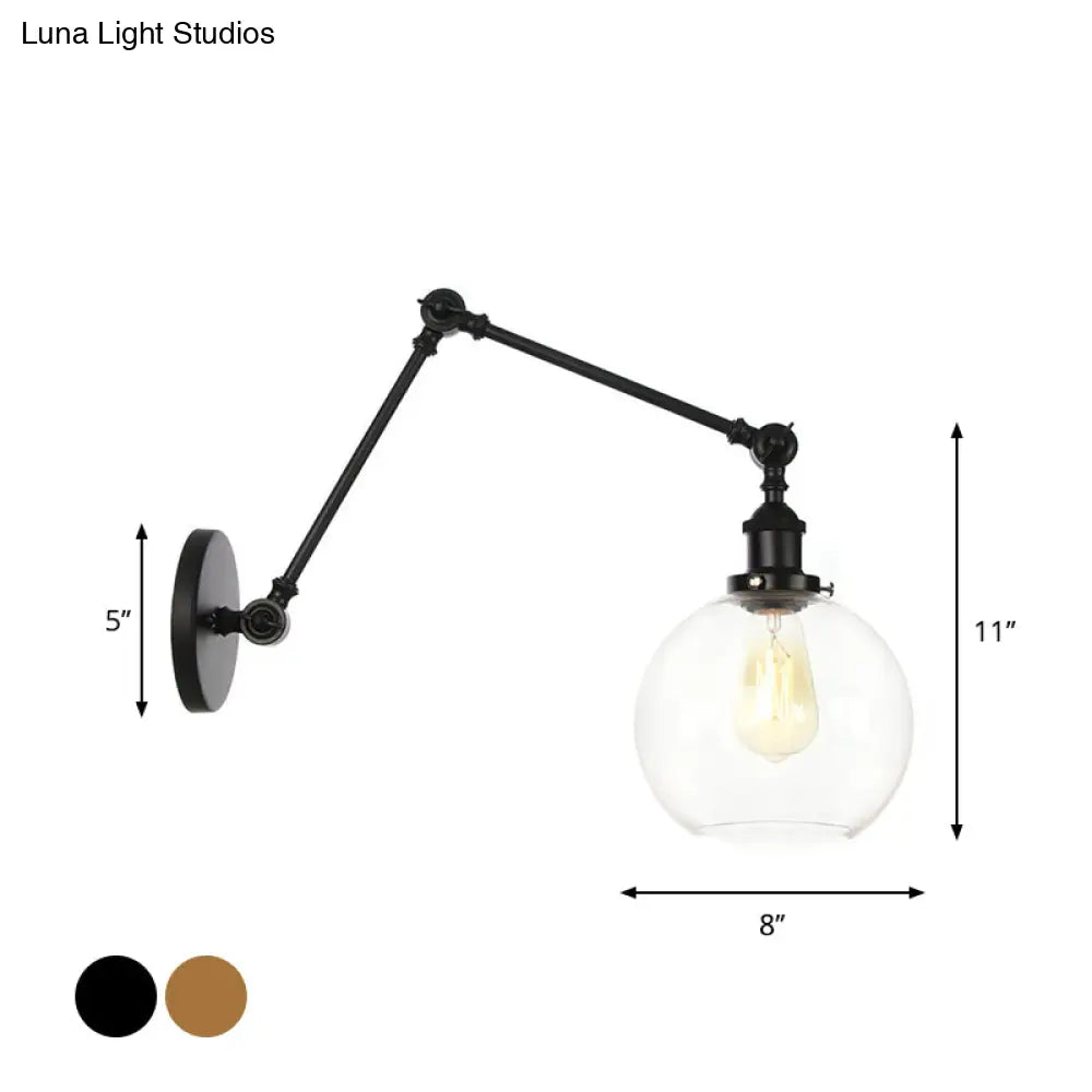 Black Swing Arm Dorm Room Wall Lamp With Clear Glass Shade