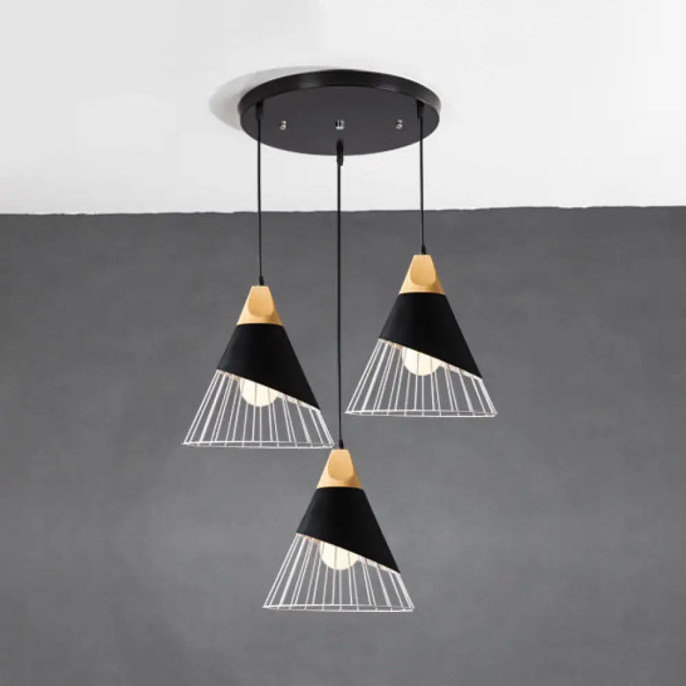 Black Tapered Cage Pendant Light Fixture - Modern Metal Design 3 Lights Indoor Hanging Linear/Round