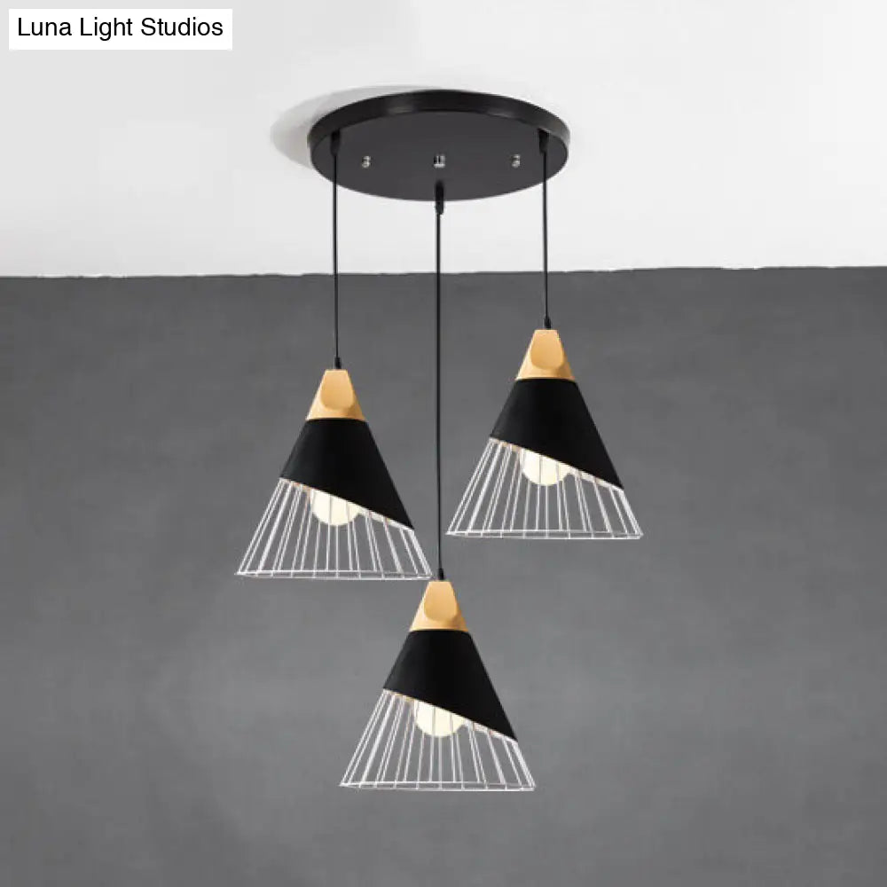 Modern Black Metal Cage Pendant Light With 3 Lights For Indoor Use / Round