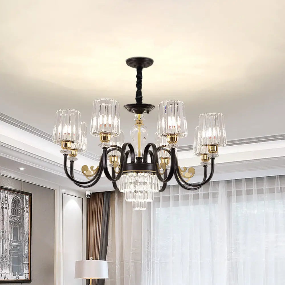 Black Tapered Ceiling Lamp | Simplicity Crystal Chandelier Lighting Fixture 6/8 Lights Scroll Arm