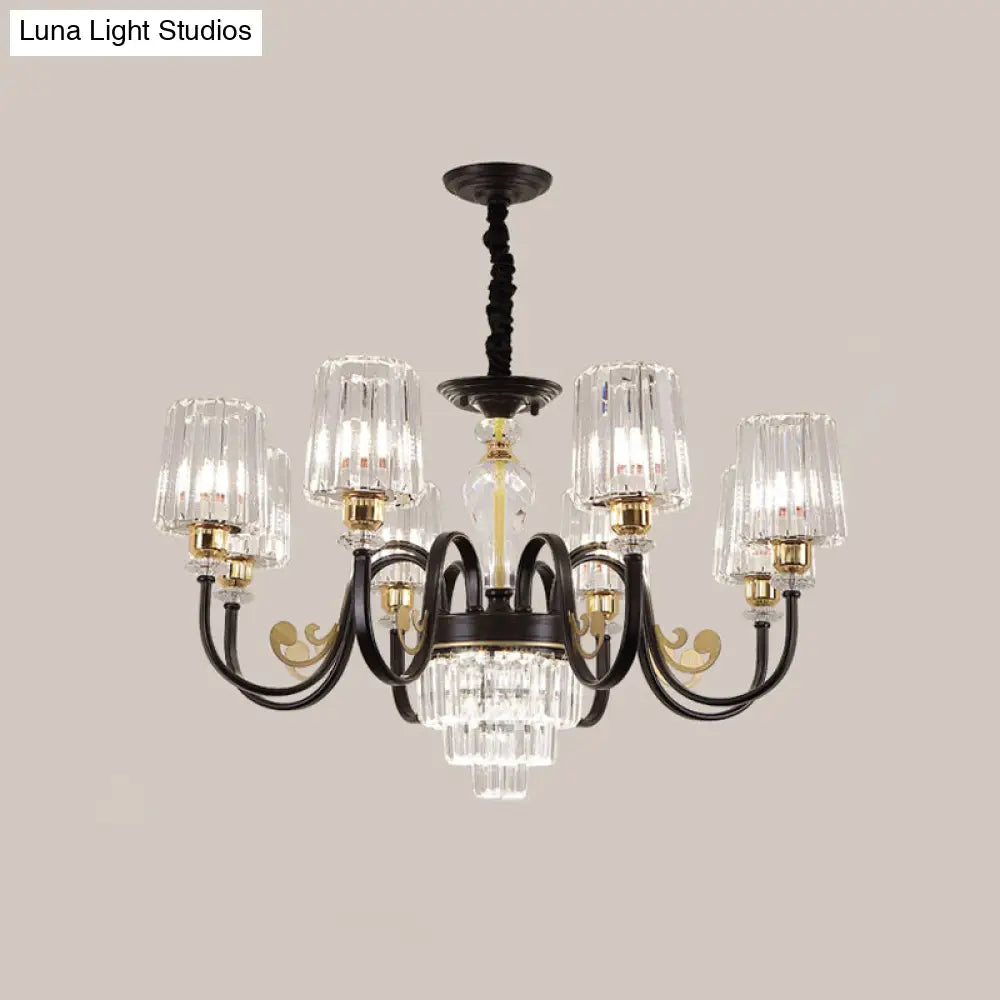 Black Tapered Ceiling Lamp | Simplicity Crystal Chandelier Lighting Fixture 6/8 Lights Scroll Arm