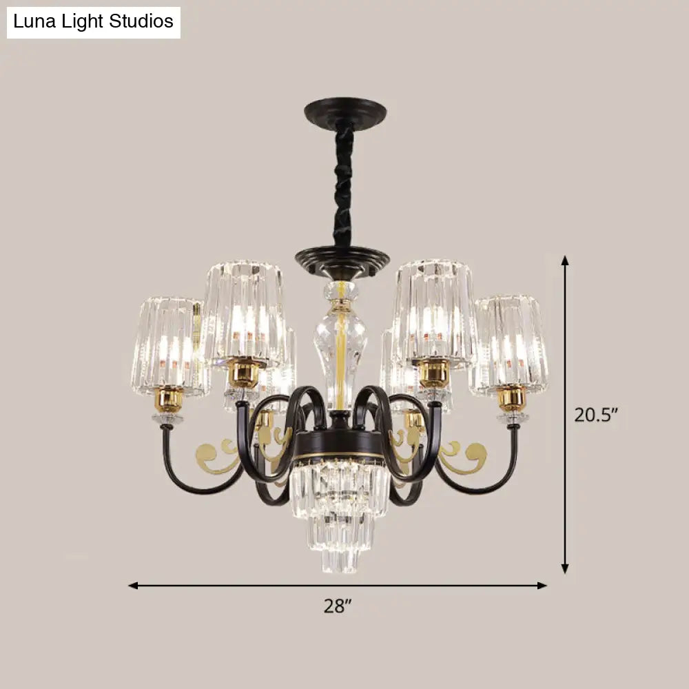 Black Tapered Ceiling Lamp | Simplicity Crystal Chandelier Lighting Fixture 6/8 Lights Scroll Arm