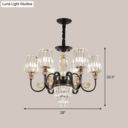 Black Tapered Ceiling Lamp | Simplicity Crystal Chandelier Lighting Fixture 6/8 Lights Scroll Arm