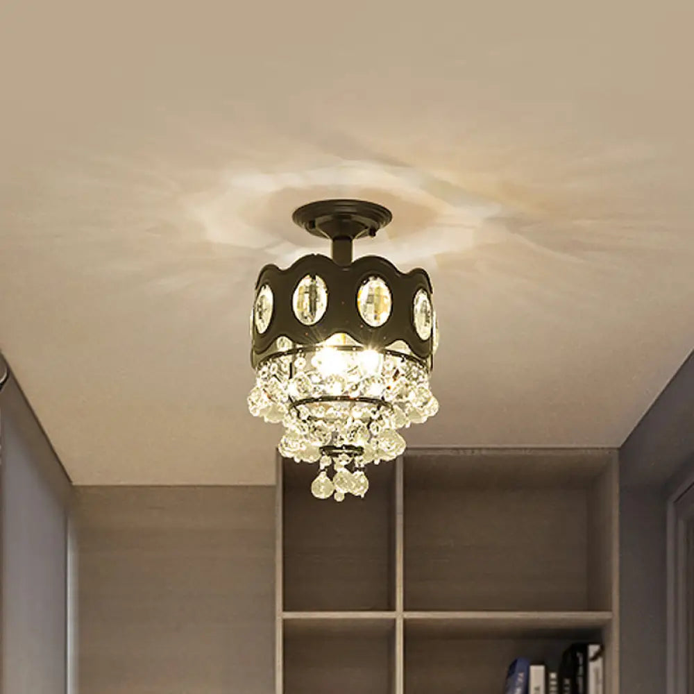 Black Tapered Semi Flush Crystal Orbs Ceiling Mounted Fixture For Hallway 1 /