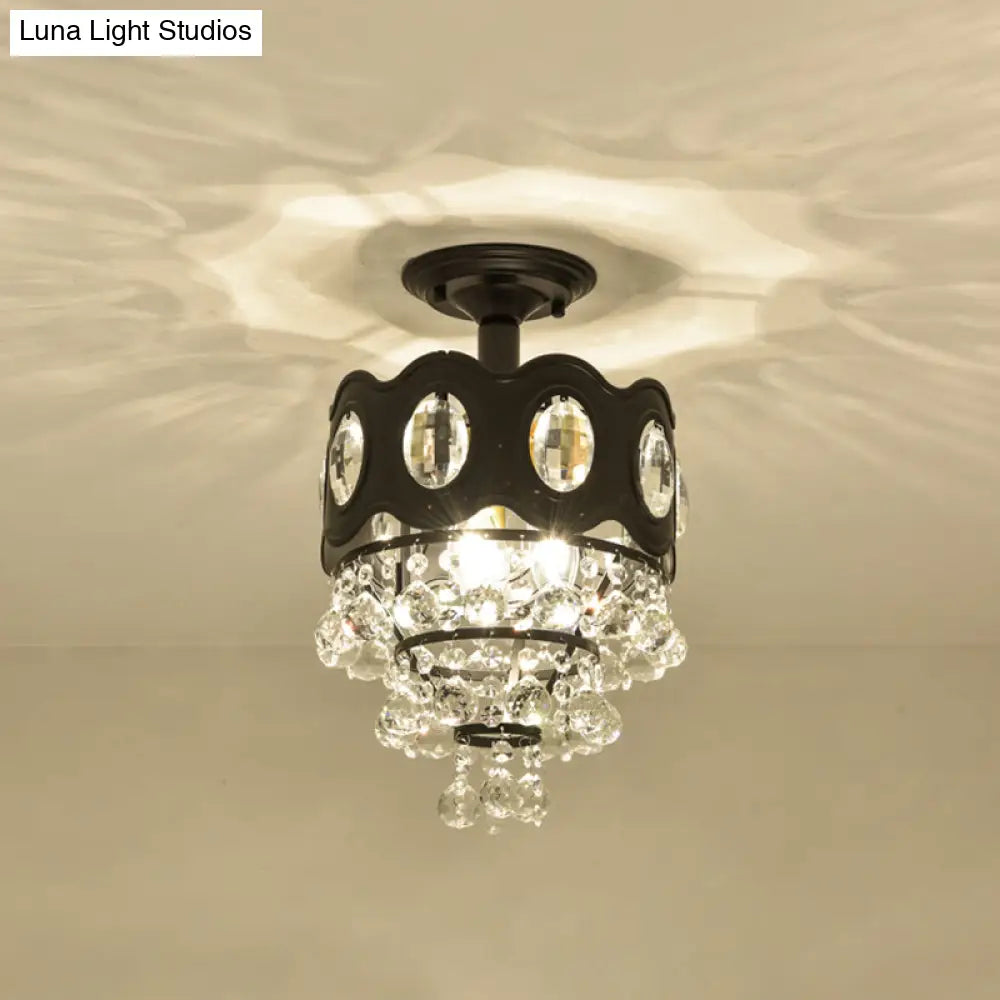 Black Tapered Semi Flush Crystal Orbs Ceiling Mounted Fixture For Hallway