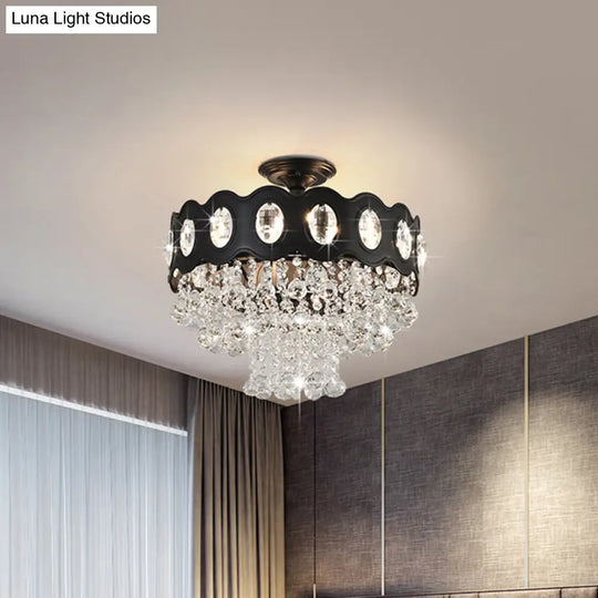 Black Tapered Semi Flush Crystal Orbs Ceiling Mounted Fixture For Hallway