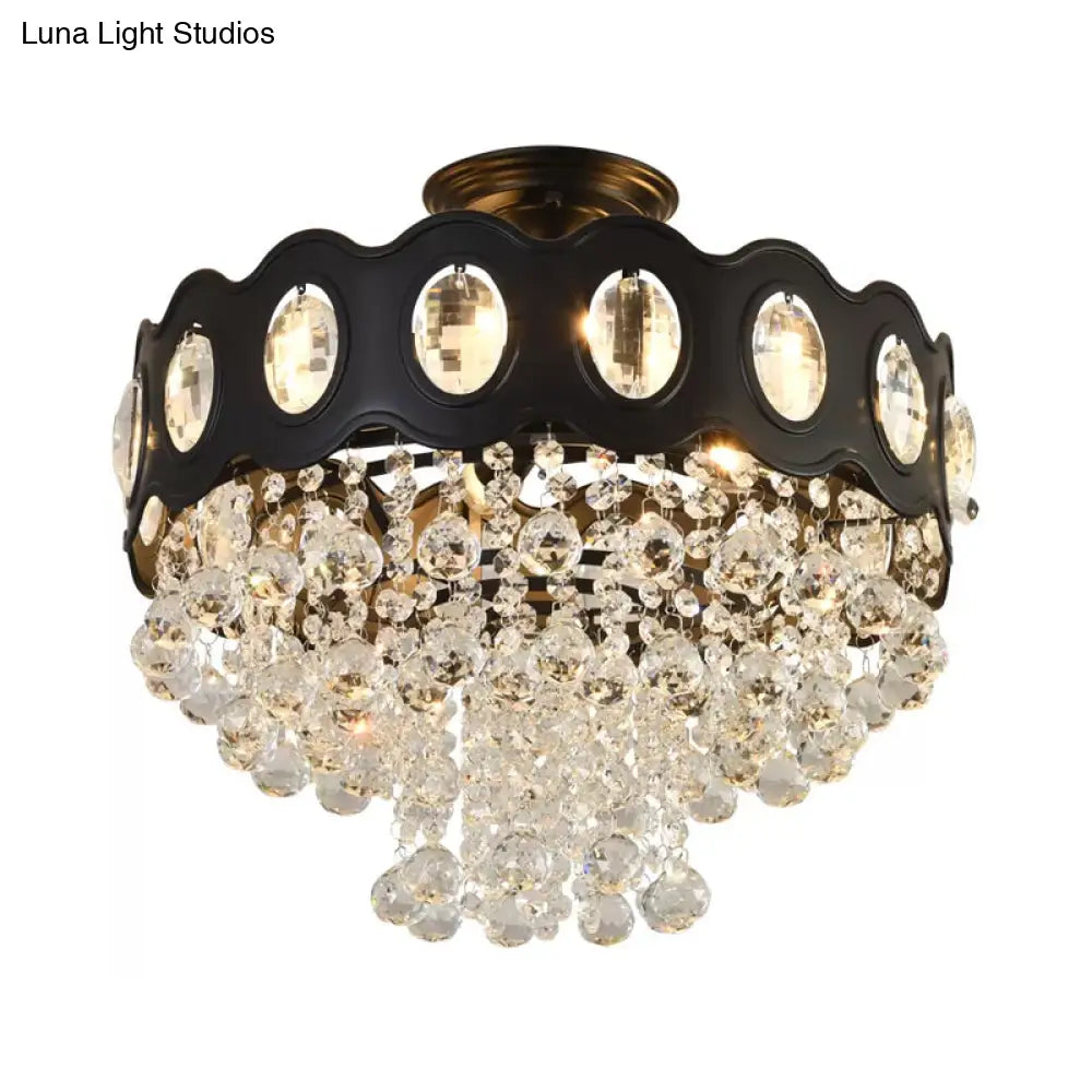 Black Tapered Semi Flush Crystal Orbs Ceiling Mounted Fixture For Hallway