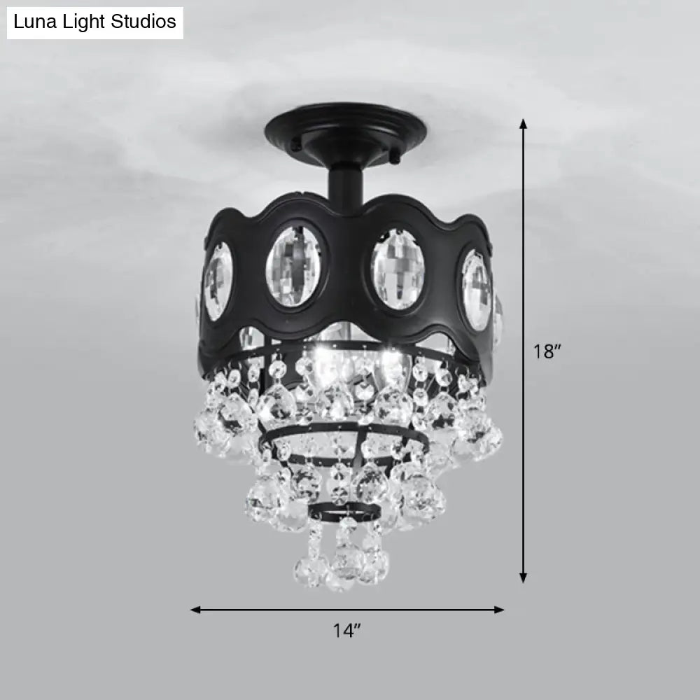 Black Tapered Semi Flush Crystal Orbs Ceiling Mounted Fixture For Hallway