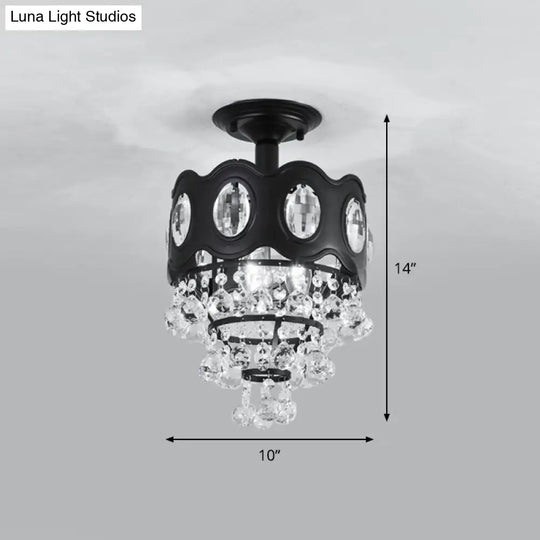 Black Tapered Semi Flush Crystal Orbs Ceiling Mounted Fixture For Hallway