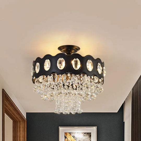 Black Tapered Semi Flush Crystal Orbs Ceiling Mounted Fixture For Hallway 5 /