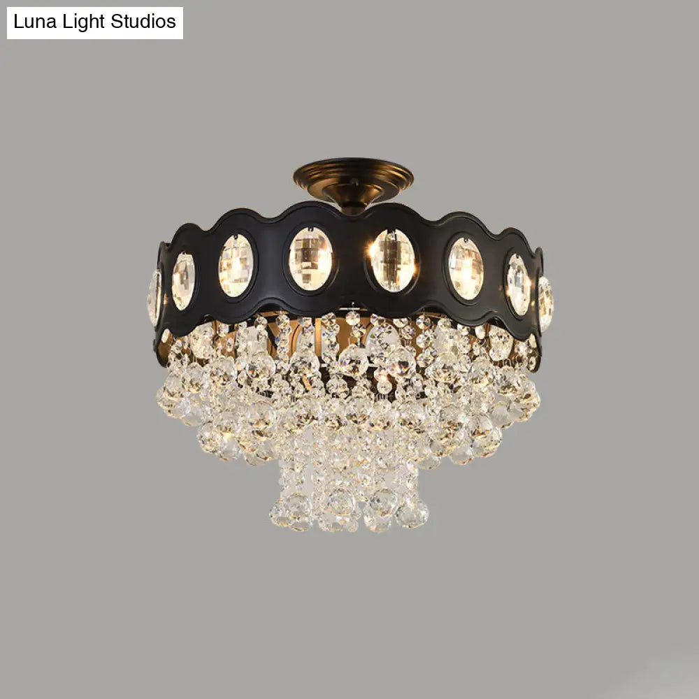 Black Tapered Semi Flush Crystal Orbs Ceiling Mounted Fixture For Hallway