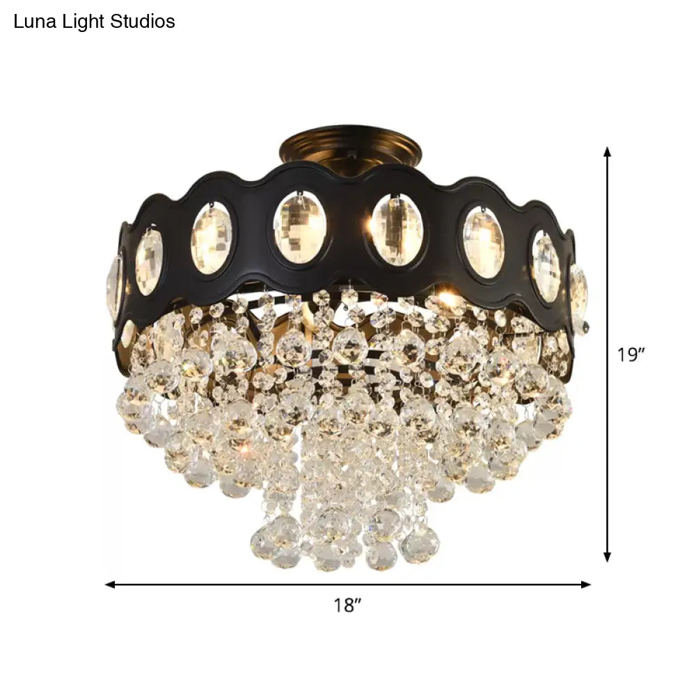 Black Tapered Semi Flush Crystal Orbs Ceiling Mounted Fixture For Hallway