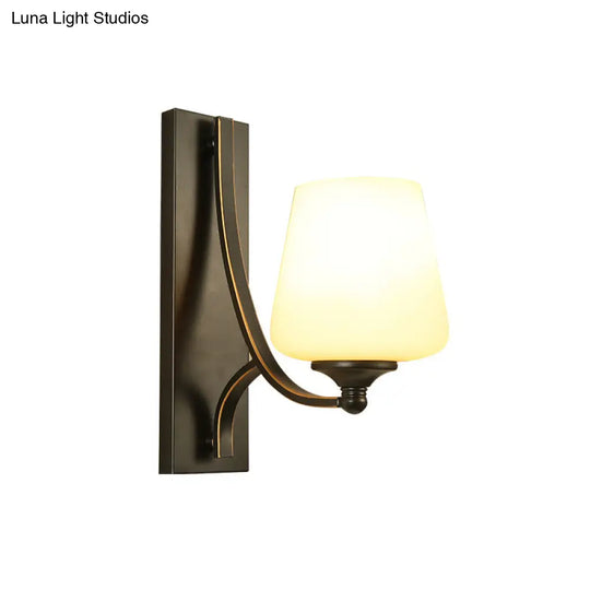 Black Tapered Wall Sconce With Frosted White Glass For Bedroom Lighting