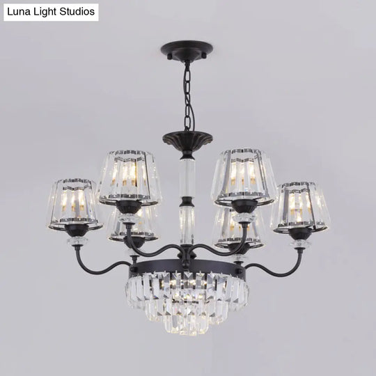 Black Tiered Down Lighting Crystal Block Chandelier Lamp - Elegant Simplicity 6 Lights With Conical