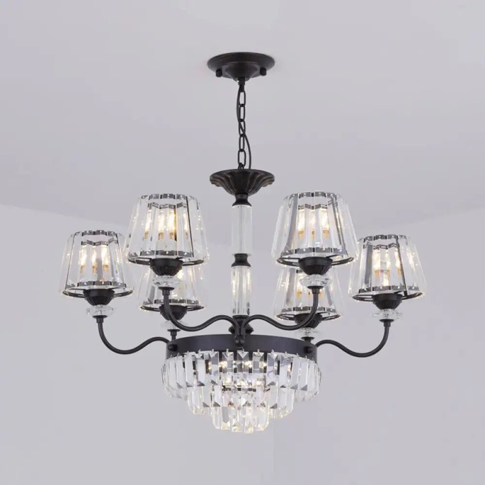 Black Tiered Crystal Block Chandelier Lamp With Down Lighting - 6 Lights Conical Shade