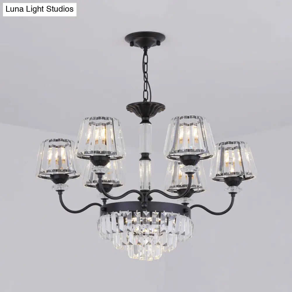 Black Tiered Down Lighting Crystal Block Chandelier Lamp - Elegant Simplicity 6 Lights With Conical