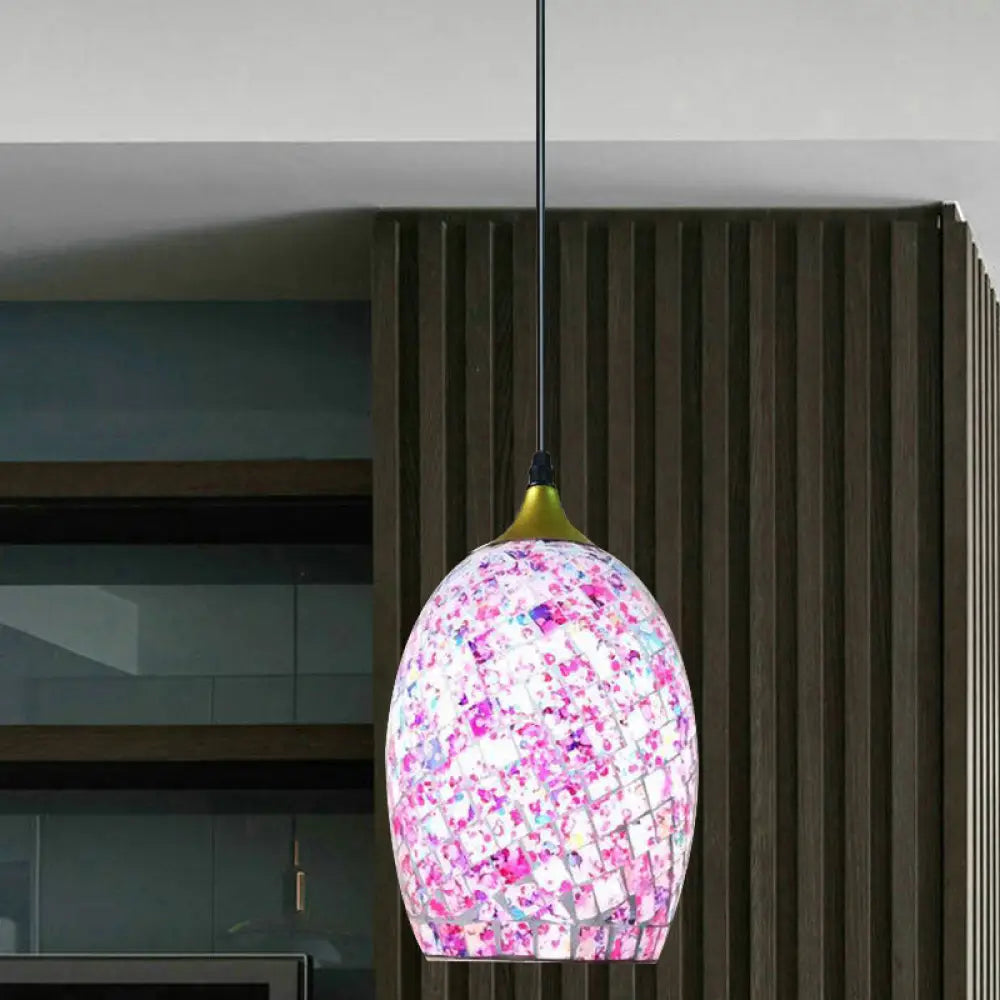 Black Tiffany Pendant Light With Crackle Glass Shade - Dining Table Suspension Kit Pink