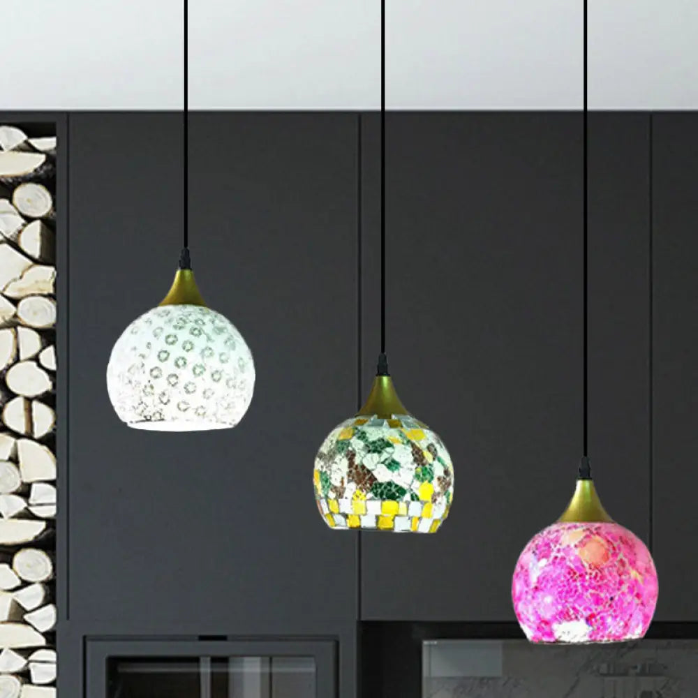 Black Tiffany Stained Glass Cluster Pendant Lamp With 3 Hanging Lights - Dome Design / Linear Canopy