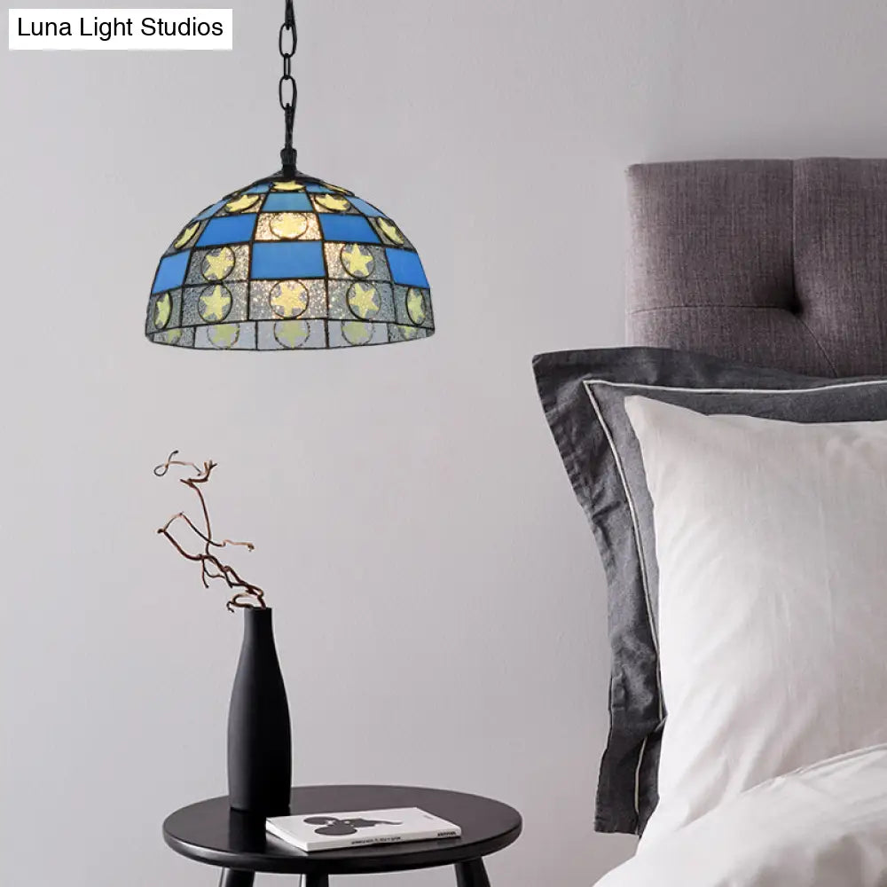 Star Hanging Lamp Kit - 12/16 Wide Black 1-Light Tiffany-Style Blue Glass Pendant Fixture