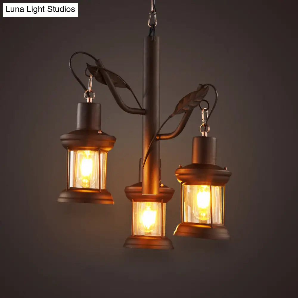 Black Factory Kerosene Lamp 3-Head Pendant Chandelier With Clear Glass Tree Design