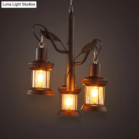 Black Factory Kerosene Lamp 3-Head Pendant Chandelier With Clear Glass Tree Design