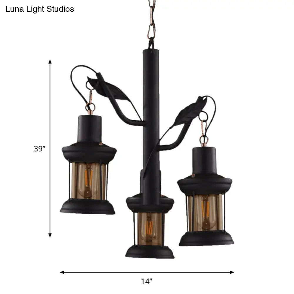 Black Tree Design Chandelier - 3 Head Kerosene Lamp Pendant With Clear Glass