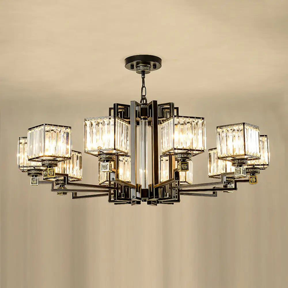 Black Tri-Sided Glass Chandelier With Traditional Cubic Pendant Lighting 10 /