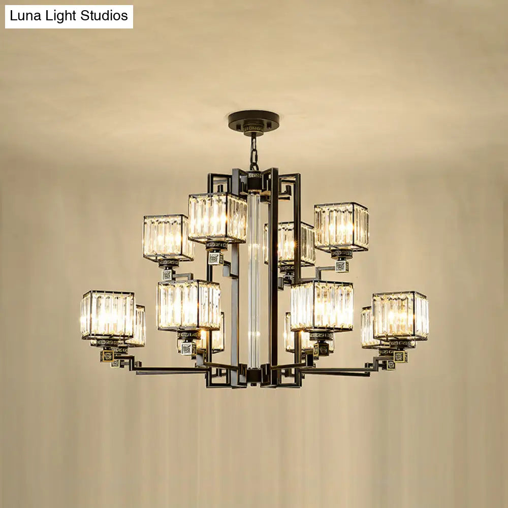 Black Tri-Sided Glass Chandelier With Traditional Cubic Pendant Lighting