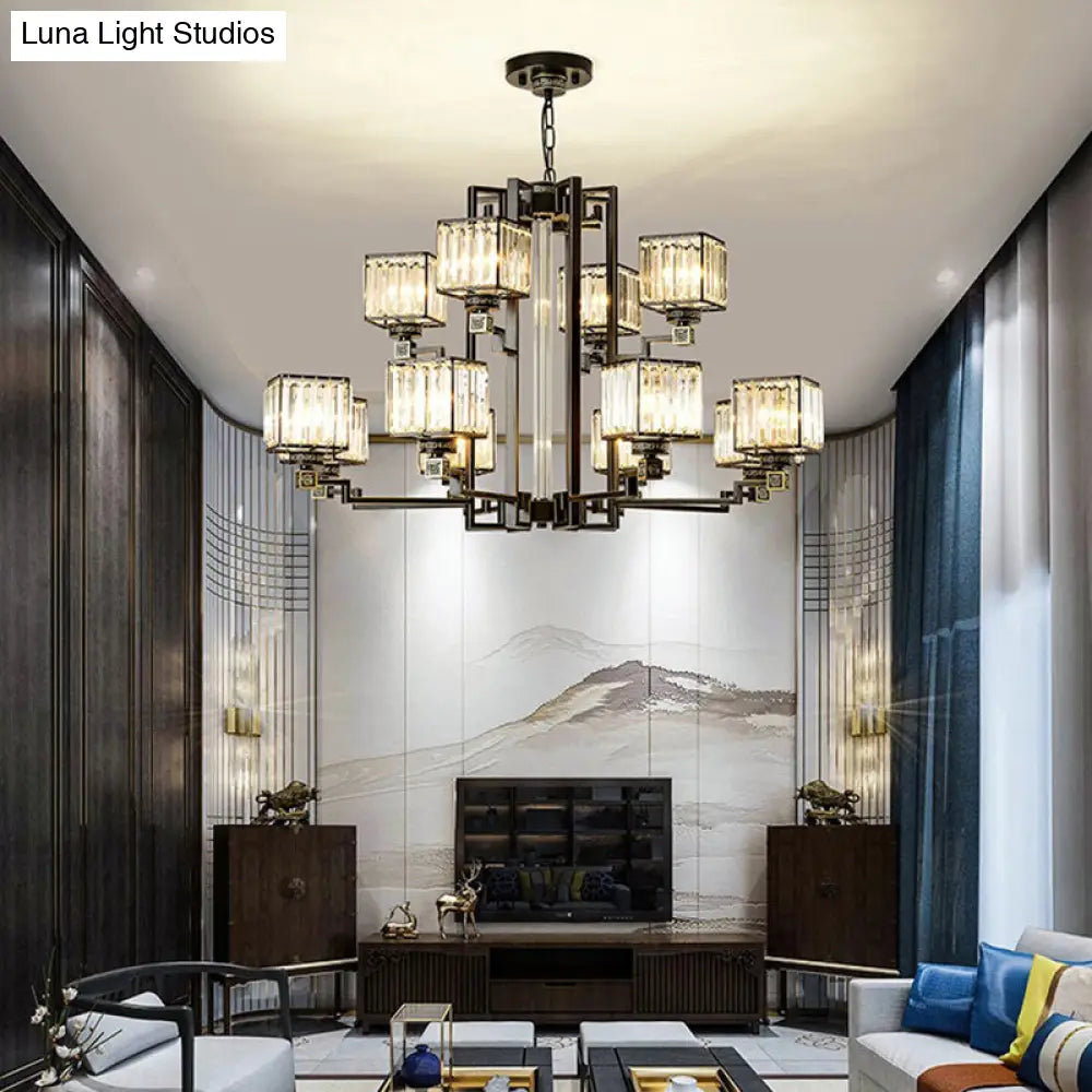 Black Tri-Sided Glass Chandelier With Traditional Cubic Pendant Lighting