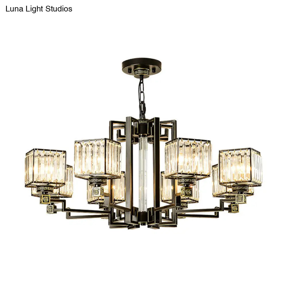 Black Tri-Sided Glass Chandelier With Traditional Cubic Pendant Lighting