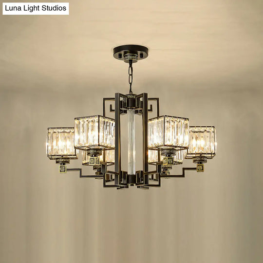 Black Tri-Sided Glass Chandelier With Traditional Cubic Pendant Lighting