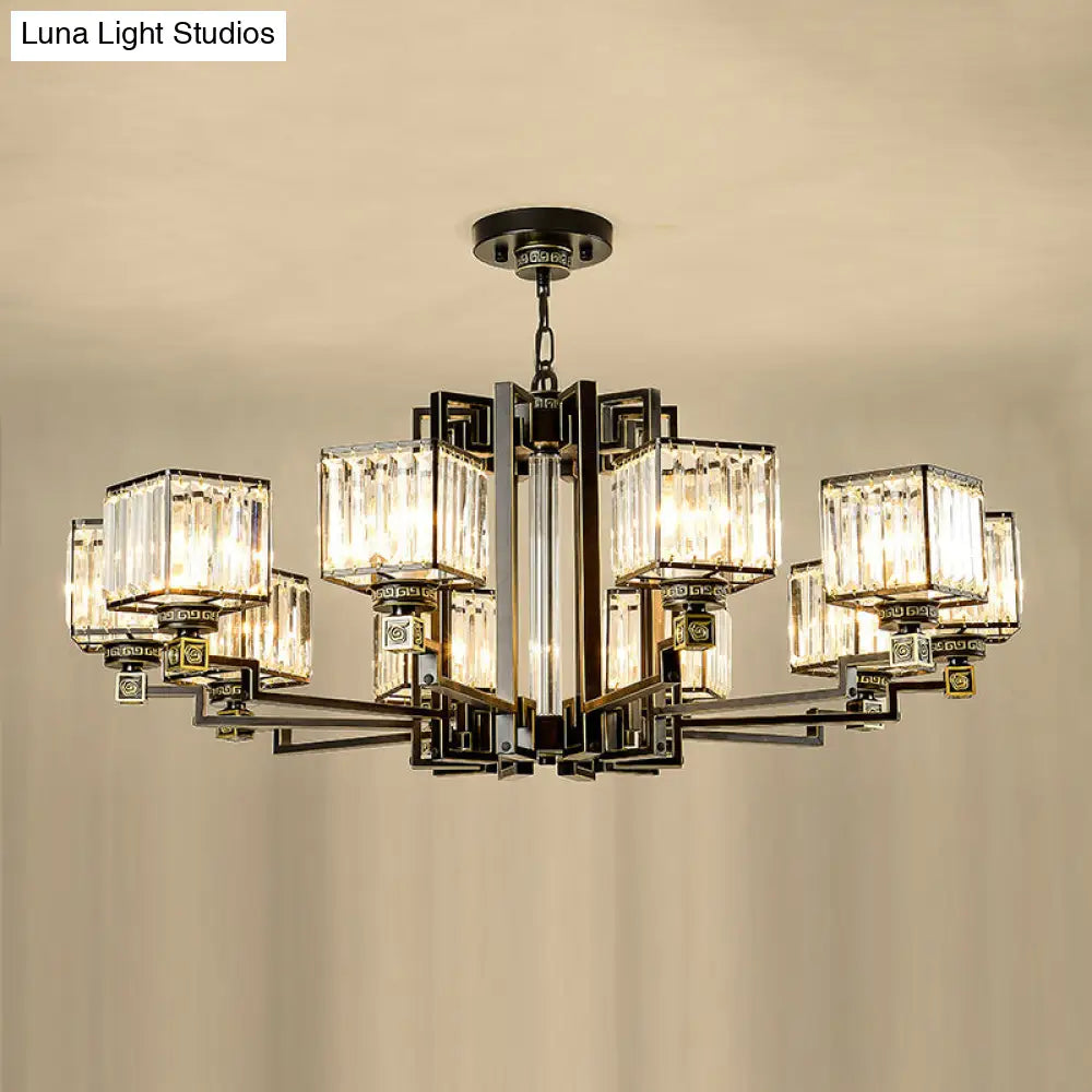 Black Tri-Sided Glass Chandelier With Traditional Cubic Pendant Lighting