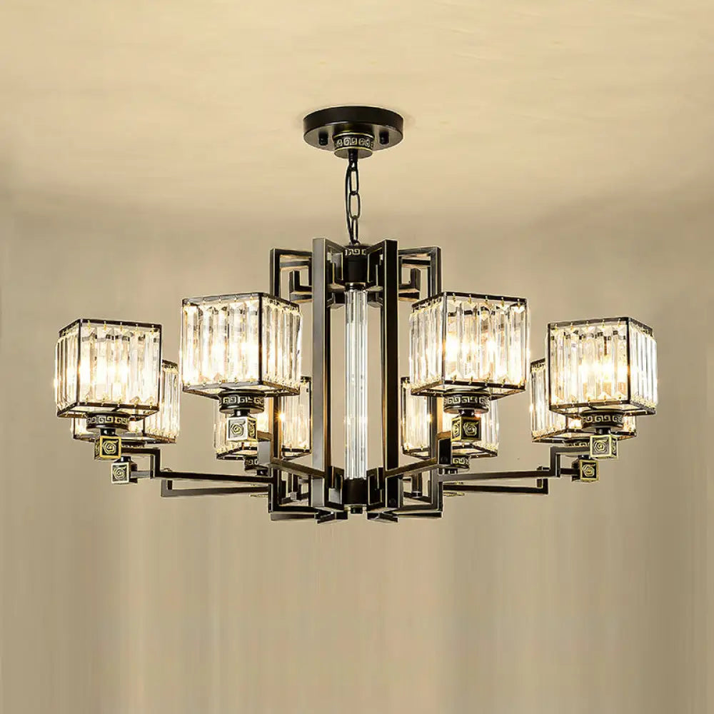 Black Tri-Sided Glass Chandelier With Traditional Cubic Pendant Lighting 8 /