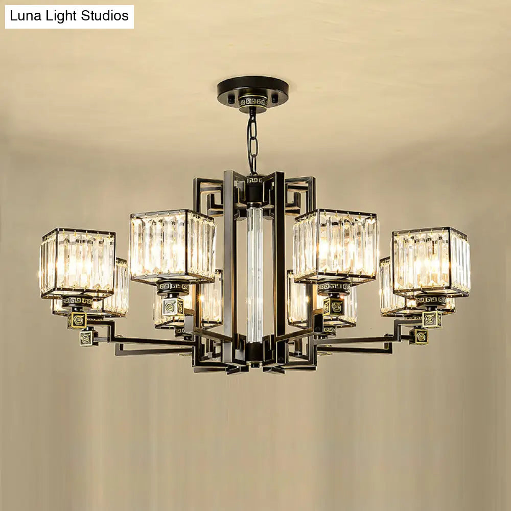 Black Tri-Sided Glass Chandelier With Traditional Cubic Pendant Lighting