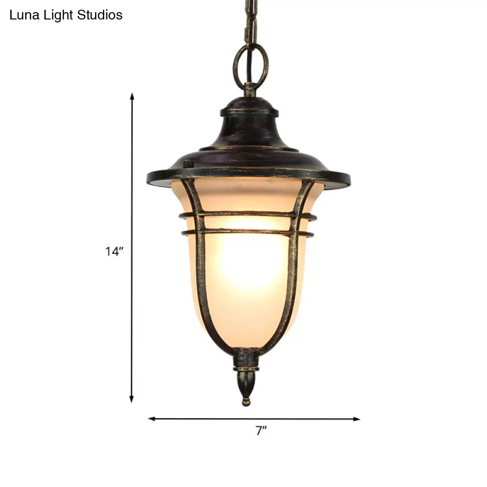 Black Urn Down Lighting Lodge Pendant Light With Frosted Glass - Single Bulb Ceiling Fixture For