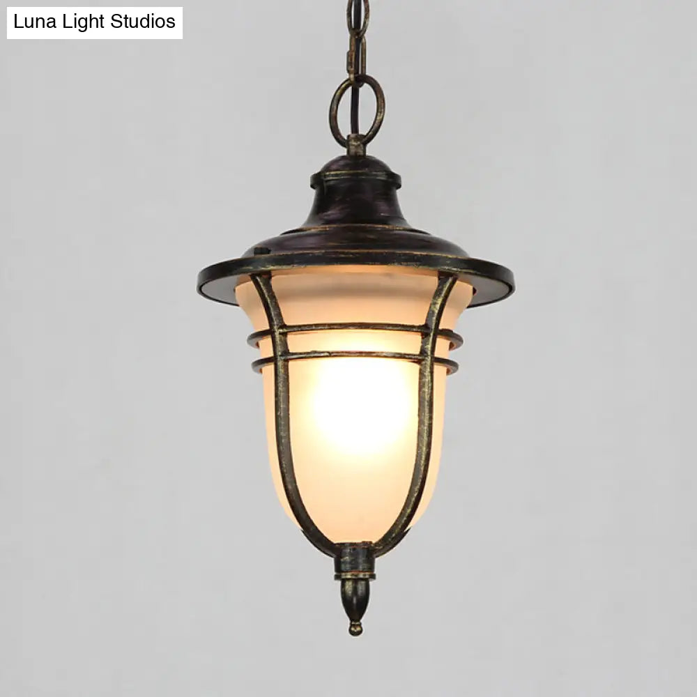 Black Urn Down Lighting Lodge Pendant Light With Frosted Glass - Single Bulb Ceiling Fixture For