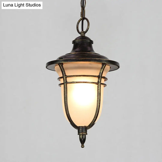 Black Urn Down Lighting Lodge Pendant Light With Frosted Glass - Single Bulb Ceiling Fixture For