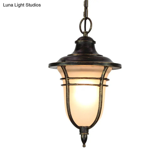 Black Urn Down Lighting Lodge Pendant Light With Frosted Glass - Single Bulb Ceiling Fixture For