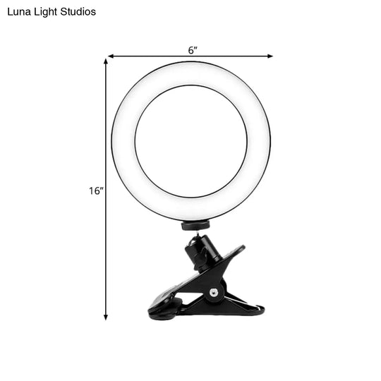 Black Usb Led Fill Lamp With Tripod Stand - Minimalist Metallic Design And Circular Shade Mirror